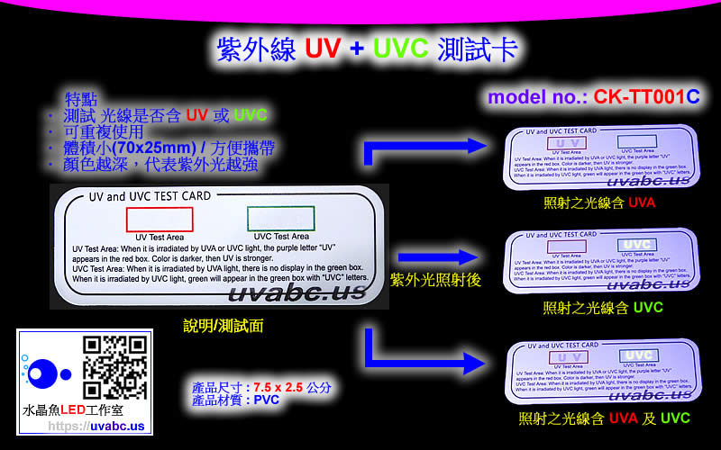 紫外線 UV + UVC 測試卡 - CK-TT001C - 水晶魚LED - uvabc.us