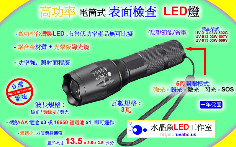 高功率 LED表面檢查燈 電筒式 檢查燈 uv free表面檢查燈 綠光檢查燈 目視檢查用光源 光學檢測 自動光學檢查 機器視覺 玻璃表面檢查燈 - 無塵室器具 拋光表面 鏡面 玻璃面 凹版印刷 鏡面滾輪 銅滾輪 印花滾輪 研磨拋光 之刮痕/汙點/灰塵/微粒 或 粒子 particle -【水晶魚LED工作室】