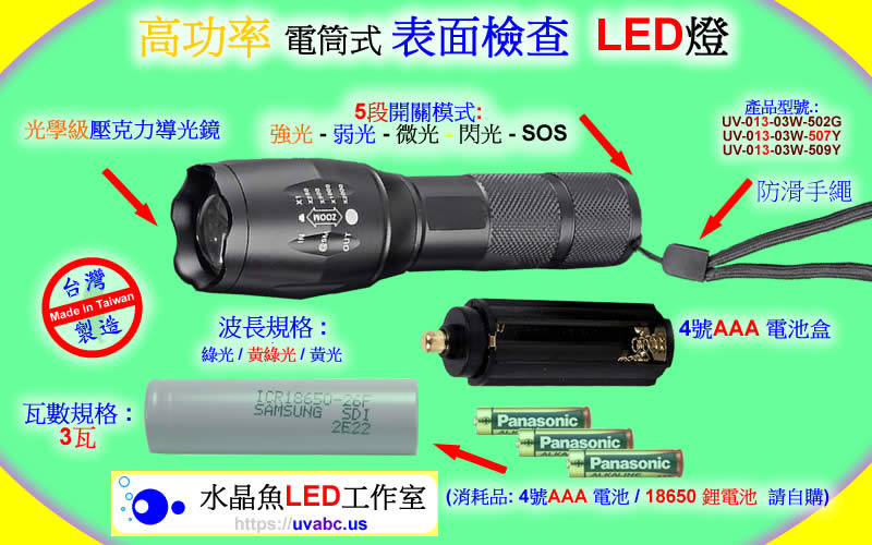 高功率 表面檢查LED燈 攜帶式檢查燈 uv free表面檢查燈 綠光檢查燈-外觀示意圖