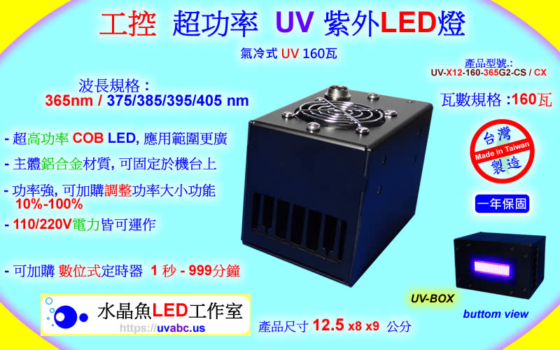 氣冷式 UV 160瓦 工控可調式 超功率 UV LED紫外燈 紫外線燈 紫外光燈 (UVA 365/385/395/405nm)-3D列印表機固化/油墨固化/工業檢測鑑識/可固化UV膠/無塵室檢查落塵及殘膠 /螢光劑測試 /黑光燈/黑燈管-【水晶魚LED工作室】