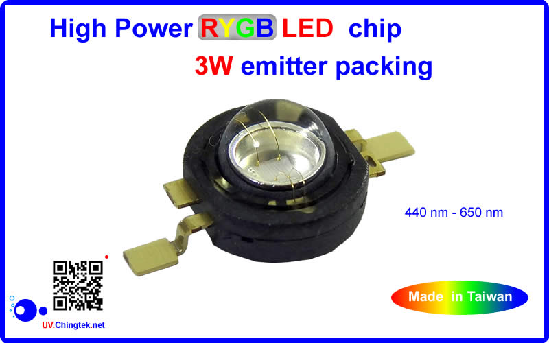 High power Red Yellow Green Blue LED chips 3W by emitter packing - 450nm 460nm 520nm 620nm - Chingtek.net