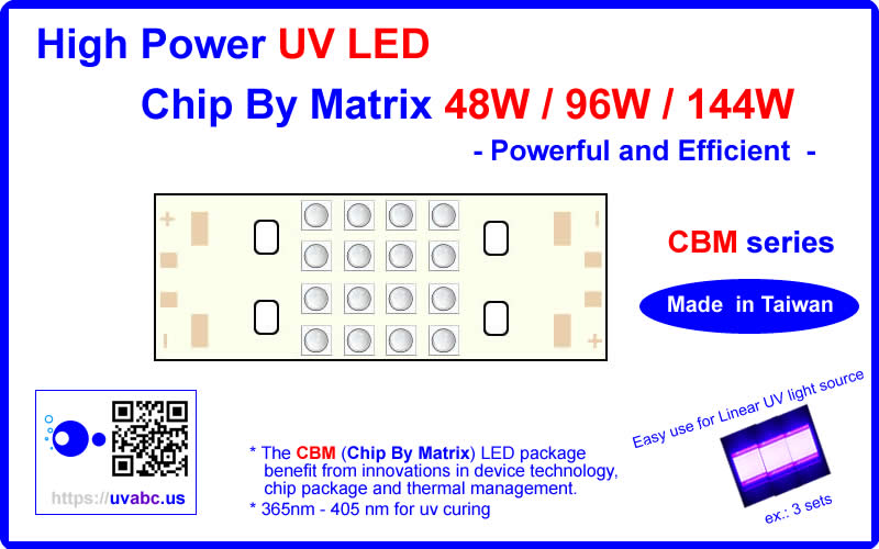 High Power ultraviolet UV LED module/lamp 48W/96W/144W ( 365nm 375nm 385nm 395nm 405nm) - Chip by Matrix - CBM series - Chingtek.net