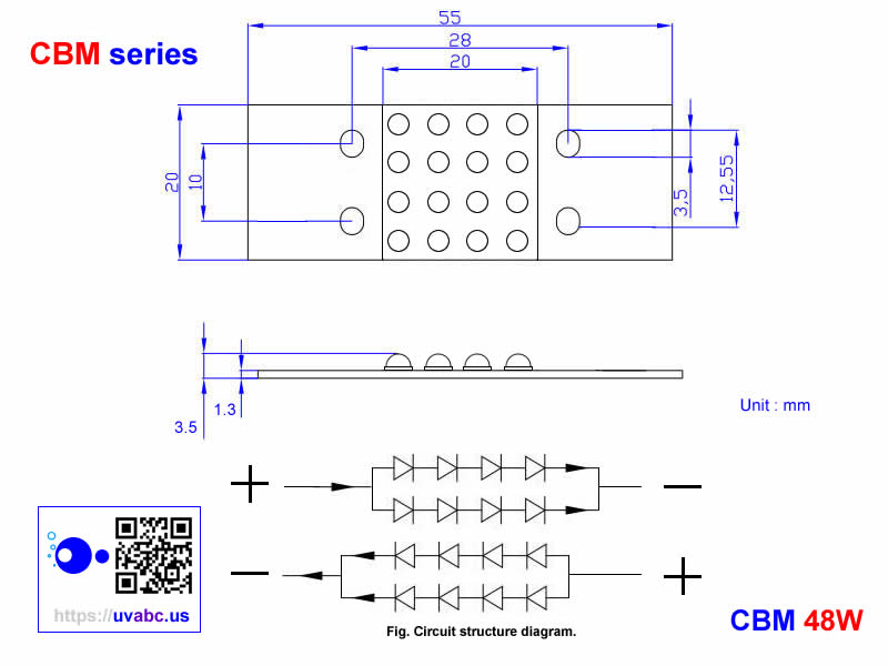 Package Dimensions - High Power ultraviolet UV LED module/lamp 100W/200W ( 365nm 375nm 385nm 395nm 405nm) - Spotlight 60D - COB type - Chingtek.net
