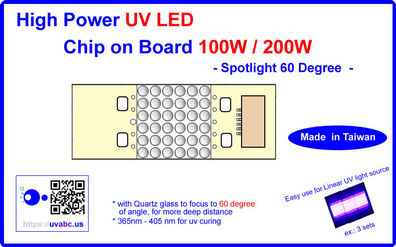 High Power ultraviolet UV LED module/lamp 100W/200W ( 365nm 375nm 385nm 395nm 405nm) - Spotlight 60D - COB type - Chingtek.net