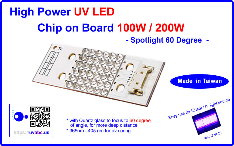 High Power ultraviolet UV LED module/lamp 100W/200W ( 365nm 375nm 385nm 395nm 405nm) - Spotlight 60D - COB type - Chingtek.net