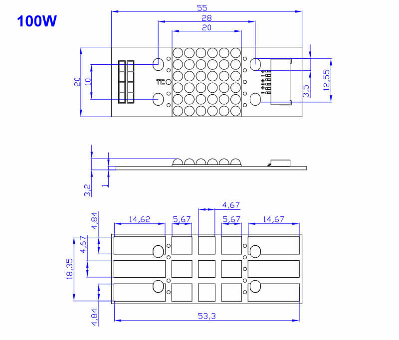 Package Dimensions - High Power ultraviolet UV LED module/lamp 100W/200W ( 365nm 375nm 385nm 395nm 405nm) - Spotlight 60D - COB type - Chingtek.net