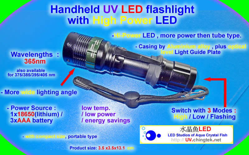 UV LED ultraviolet light Handheld module/lamp - UV Flashlight Series  (UVA 365/375/385/395/405nm) For Industrial Diagnostic & Inspection / UV curing system / 3D printing / Fluorescence check / adhesive curing - Chingtek.net