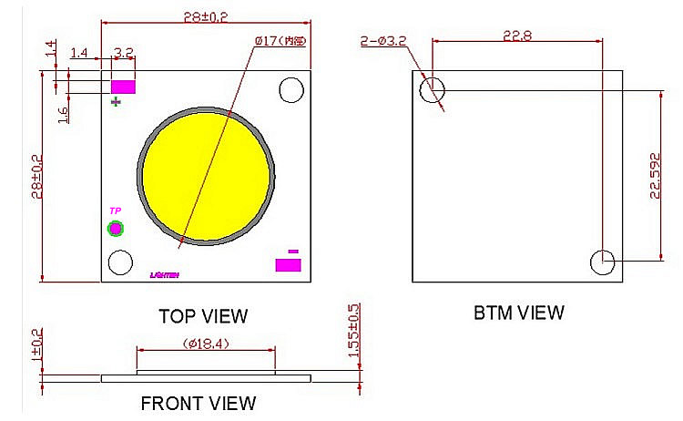 Package Dimensions - High Power ultraviolet UV LED module/lamp 20W ( 365nm 375nm 385nm 395nm 405nm) - COB type - Chingtek.net